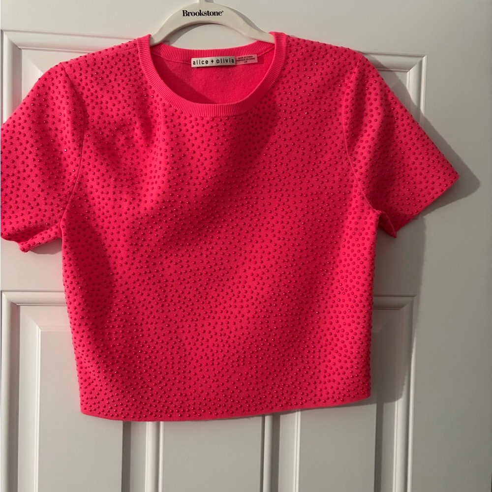 Alice + Olivia Hot Pink Studded Crop Tee
